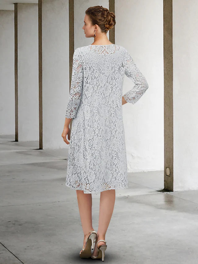 Wholesale Mother of the Bride Dress Elegant V Neck Knee Length Chiffon Lace Long Sleeve with Bow(s)